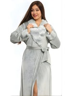 Grey Velvet Tall Robe with Fur Collar | روب قطيفة طويل باللون الرمادي بياقة فرو