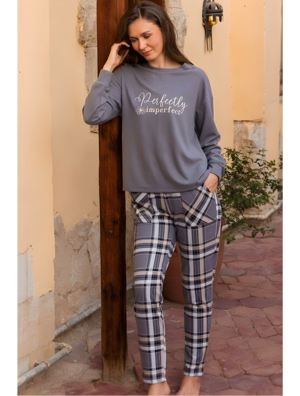 Soft winter pyjama set - grey plaid | طقم بيجامةشتوي ناعم - كاروه رمادي