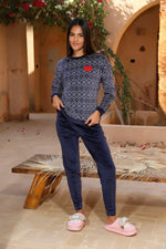 Navy blue velvet pyjama with red heart.