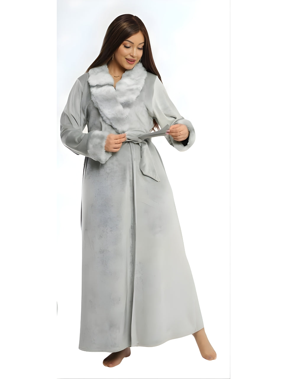 Grey velvet tall robe with fur collar.