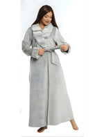 Grey velvet tall robe with fur collar.
