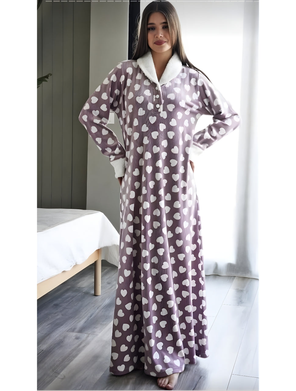 Winter polar housegown with hearts and white bracelets.