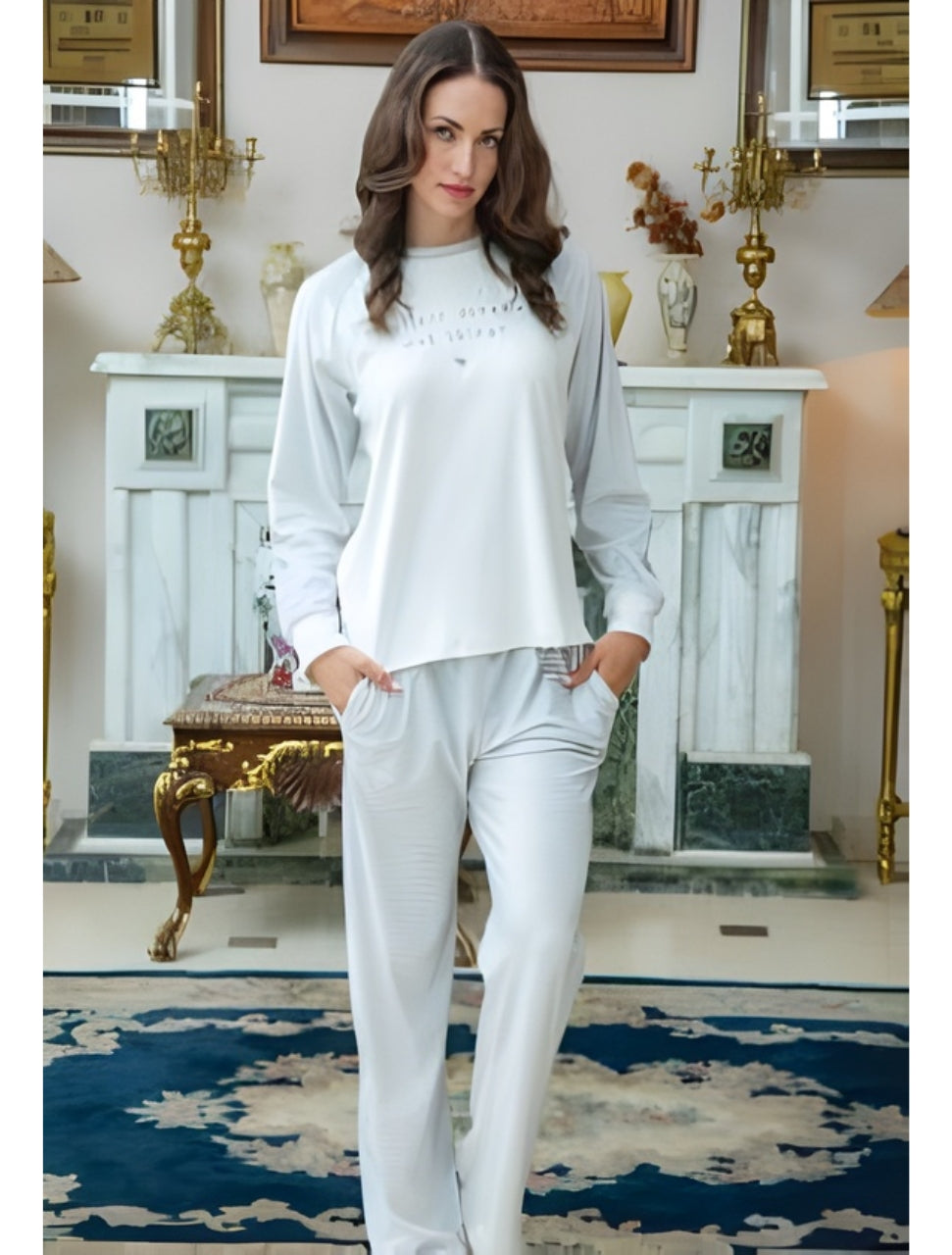 Velvet pyjama with striped shirt & trousers.