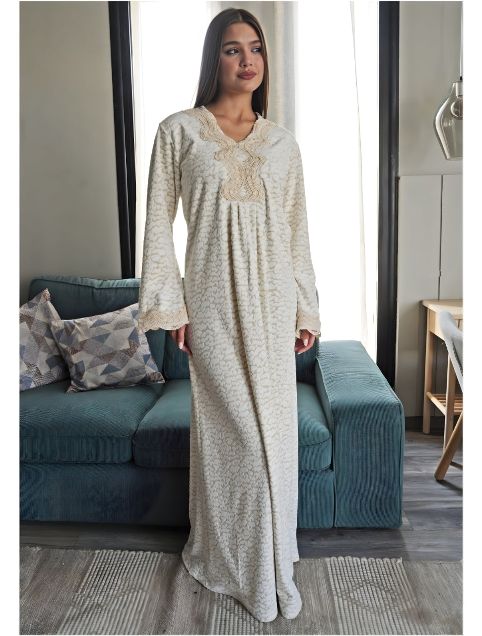 Velvet housegown with joubert.