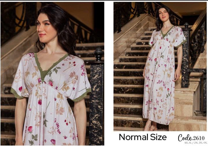 دريس ماكسي منزلي مشجر بياقة V Printed Maxi Home Dress with V-Neck